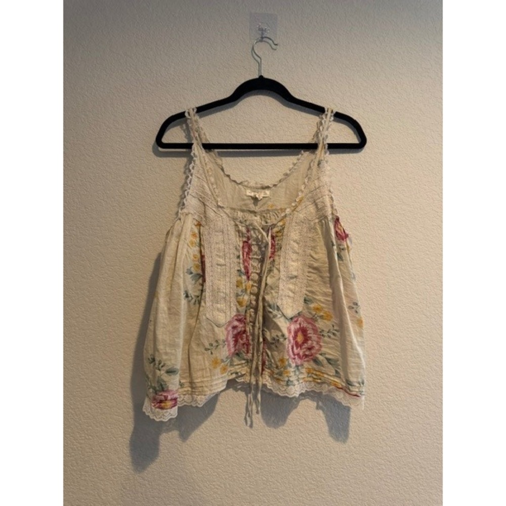 Torrid FESTI Women Floral Lace Trim Boho Camisole Top Cream Pink Sz 0 L Cotton